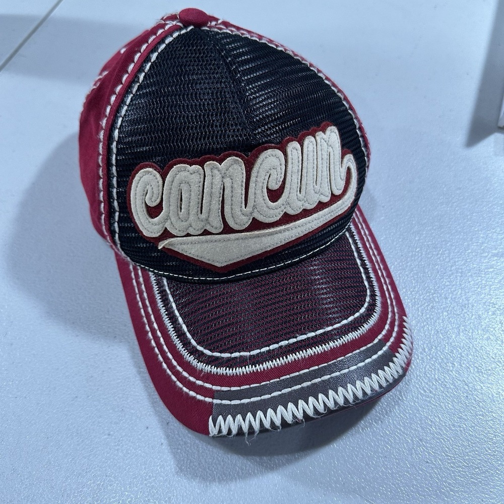 Cancun Pier 27 Hat Trucker Adjustable Strap Bold Embroidered Black Red Beach